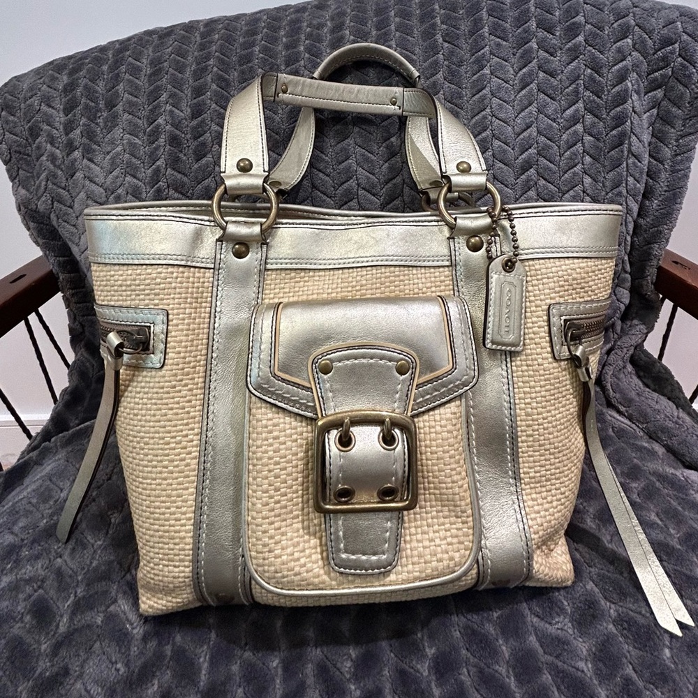 VINTAGE 65th Anniversary COACH Straw and Gold Leather Tote
